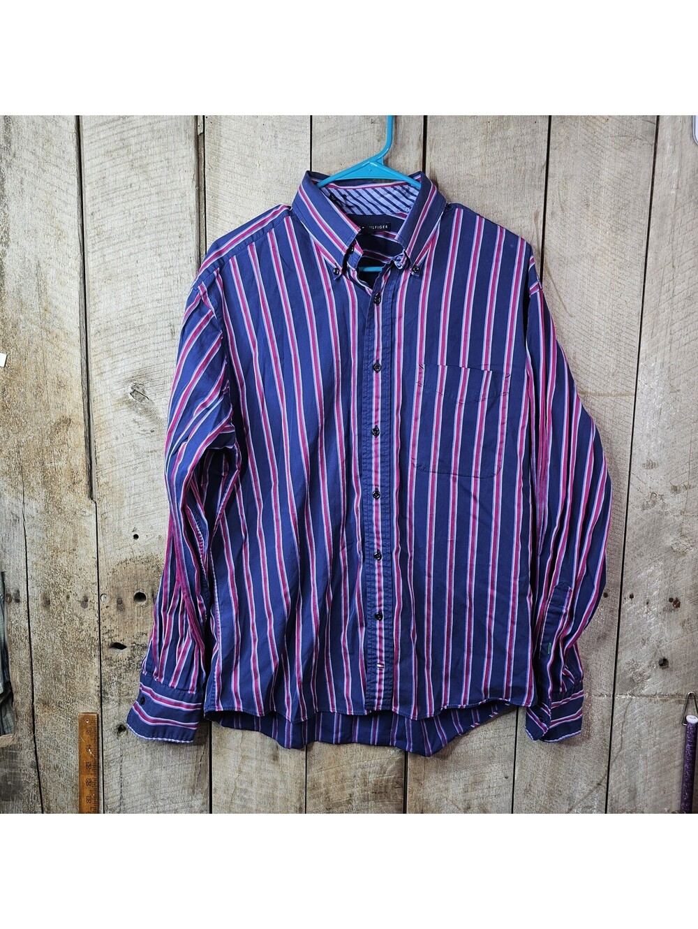 Tommy Hilfiger Men's L Large Button Down Shirt Blue Pink Stripe Long Sleeve